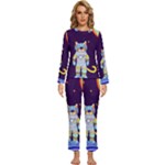 Cat Astronaut Space Retro Universe Womens  Long Sleeve Lightweight Pajamas Set