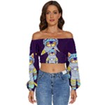 Cat Astronaut Space Retro Universe Long Sleeve Crinkled Weave Crop Top