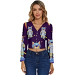 Cat Astronaut Space Retro Universe Long Sleeve V-Neck Top