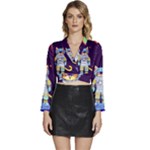 Cat Astronaut Space Retro Universe Long Sleeve Tie Back Satin Wrap Top