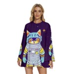 Cat Astronaut Space Retro Universe Round Neck Long Sleeve Bohemian Style Chiffon Mini Dress