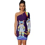 Cat Astronaut Space Retro Universe Long Sleeve One Shoulder Mini Dress