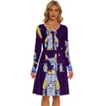 Cat Astronaut Space Retro Universe Long Sleeve Dress With Pocket