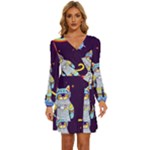 Cat Astronaut Space Retro Universe Long Sleeve Waist Tie Ruffle Velvet Dress