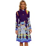 Cat Astronaut Space Retro Universe Long Sleeve Shirt Collar A-Line Dress