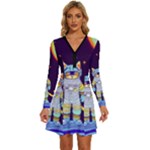 Cat Astronaut Space Retro Universe Long Sleeve Deep V Mini Dress 