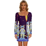 Cat Astronaut Space Retro Universe Long Sleeve Square Neck Bodycon Velvet Dress