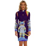 Cat Astronaut Space Retro Universe Long Sleeve Shirt Collar Bodycon Dress