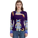 Cat Astronaut Space Retro Universe Women s Cut Out Long Sleeve T-Shirt