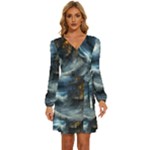 House Waves Storm Long Sleeve Waist Tie Ruffle Velvet Dress