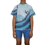Swan Flying Bird Wings Waves Grass Kids  Short Sleeve Swimwear