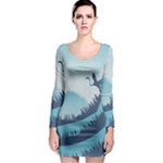 Swan Flying Bird Wings Waves Grass Long Sleeve Bodycon Dress