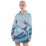 Swan Flying Bird Wings Waves Grass Women s Long Sleeve Casual Dress