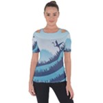 Swan Flying Bird Wings Waves Grass Shoulder Cut Out Short Sleeve Top