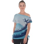 Swan Flying Bird Wings Waves Grass Off Shoulder Tie-Up T-Shirt