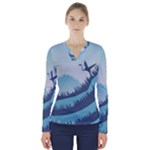Swan Flying Bird Wings Waves Grass V-Neck Long Sleeve Top