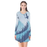 Swan Flying Bird Wings Waves Grass Long Sleeve V-neck Flare Dress