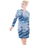 Swan Flying Bird Wings Waves Grass Button Long Sleeve Dress