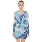 Swan Flying Bird Wings Waves Grass V-neck Bodycon Long Sleeve Dress
