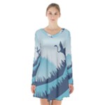 Swan Flying Bird Wings Waves Grass Long Sleeve Velvet V-neck Dress
