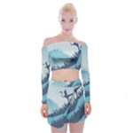 Swan Flying Bird Wings Waves Grass Off Shoulder Top with Mini Skirt Set