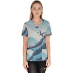 Swan Flying Bird Wings Waves Grass Women s V-Neck Scrub Top
