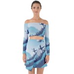 Swan Flying Bird Wings Waves Grass Off Shoulder Top with Skirt Set
