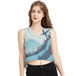 Swan Flying Bird Wings Waves Grass V-Neck Cropped Tank Top