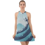 Swan Flying Bird Wings Waves Grass Halter Tie Back Chiffon Dress