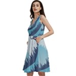Swan Flying Bird Wings Waves Grass Sleeveless V-Neck Skater Dress with Pockets