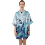 Swan Flying Bird Wings Waves Grass Half Sleeve Satin Kimono 