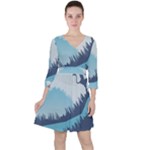 Swan Flying Bird Wings Waves Grass Quarter Sleeve Ruffle Waist Dress