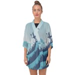 Swan Flying Bird Wings Waves Grass Half Sleeve Chiffon Kimono