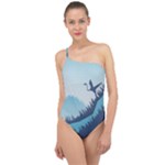 Swan Flying Bird Wings Waves Grass Classic One Shoulder Swimsuit