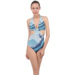 Swan Flying Bird Wings Waves Grass Halter Front Plunge Swimsuit