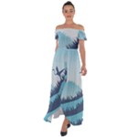 Swan Flying Bird Wings Waves Grass Off Shoulder Open Front Chiffon Dress