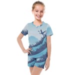 Swan Flying Bird Wings Waves Grass Kids  Mesh T-Shirt and Shorts Set