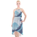 Swan Flying Bird Wings Waves Grass High-Low Halter Chiffon Dress 
