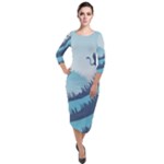 Swan Flying Bird Wings Waves Grass Quarter Sleeve Midi Velour Bodycon Dress
