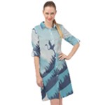 Swan Flying Bird Wings Waves Grass Long Sleeve Mini Shirt Dress