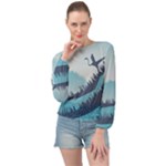 Swan Flying Bird Wings Waves Grass Banded Bottom Chiffon Top