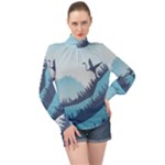 Swan Flying Bird Wings Waves Grass High Neck Long Sleeve Chiffon Top