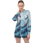 Swan Flying Bird Wings Waves Grass Long Sleeve Satin Shirt