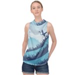 Swan Flying Bird Wings Waves Grass High Neck Satin Top