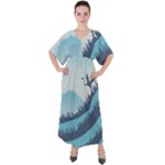 Swan Flying Bird Wings Waves Grass V-Neck Boho Style Maxi Dress