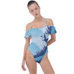 Swan Flying Bird Wings Waves Grass Frill Detail One Piece Swimsuit