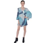 Swan Flying Bird Wings Waves Grass V-Neck Flare Sleeve Mini Dress