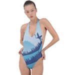 Swan Flying Bird Wings Waves Grass Backless Halter One Piece Swimsuit