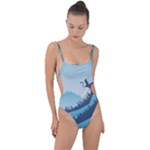 Swan Flying Bird Wings Waves Grass Tie Strap One Piece Swimsuit