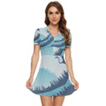 Swan Flying Bird Wings Waves Grass V-Neck High Waist Chiffon Mini Dress